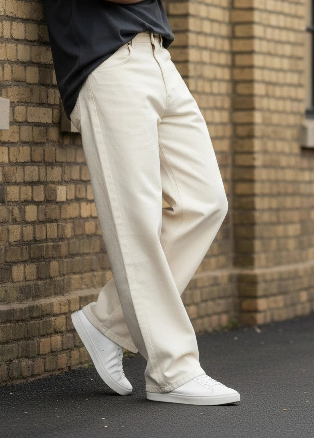 FashionInfinity Men Wide Leg Mid Rise Beige Jeans