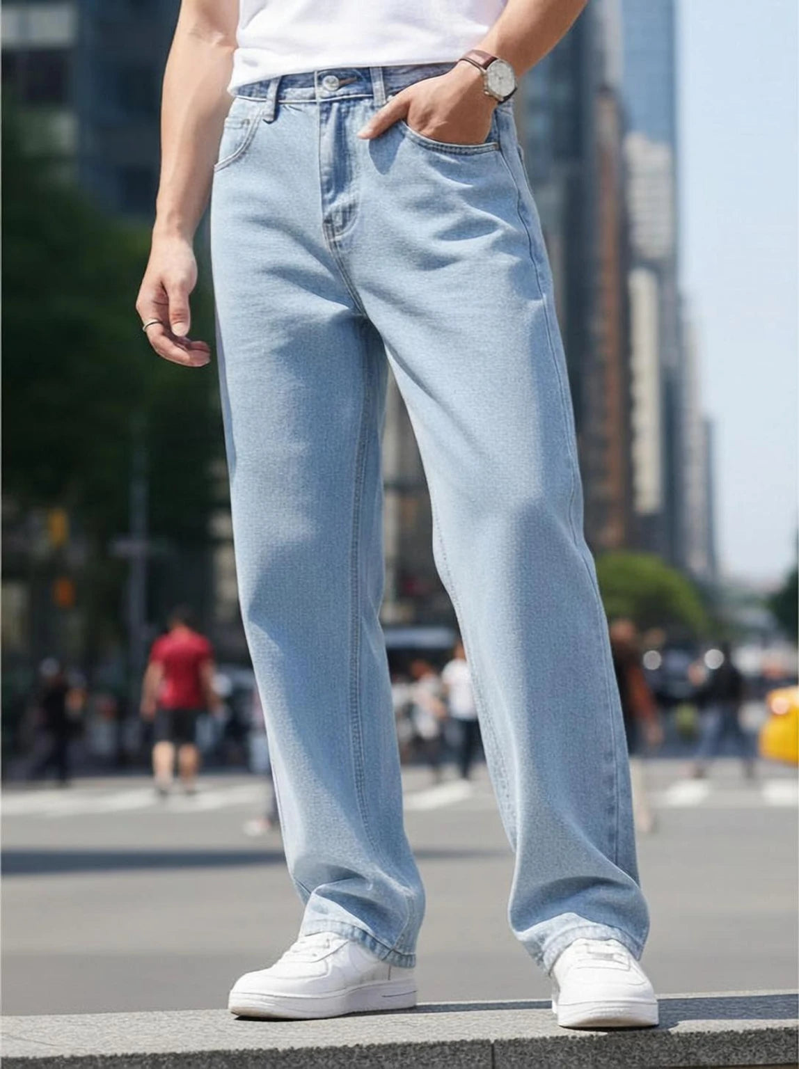 FashionInfinity Men Wide Leg Mid Rise Light Blue Jeans